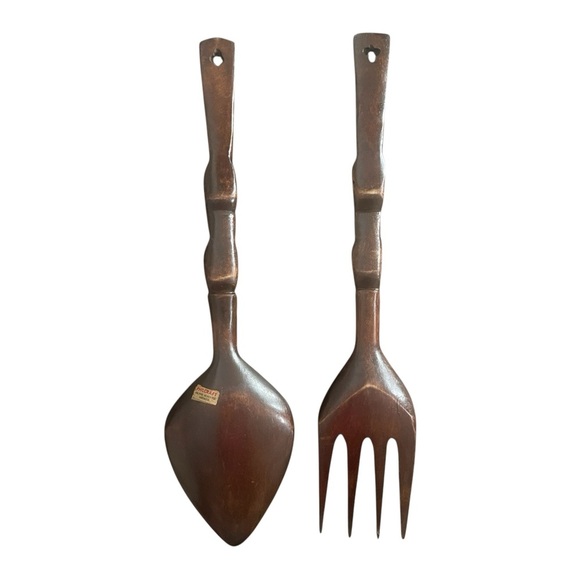 Carved Wooden Fork & Spoon Wall Decor Lg 19 “ Tiki Totem Boho Retro VTG - Picture 2 of 4